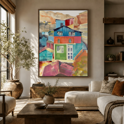 Colorful watercolor architecture canvas wall art displayed above sofa in warm neutral living room