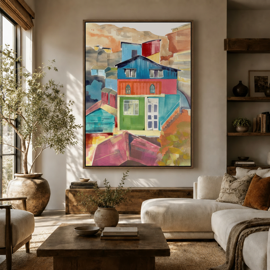 Colorful watercolor architecture canvas wall art displayed above sofa in warm neutral living room