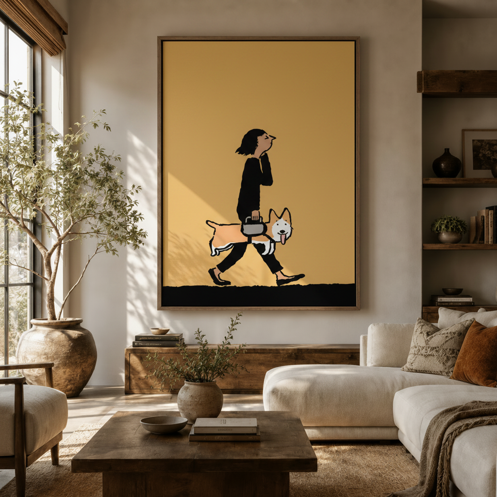 Minimalist corgi canvas print displayed in a warm neutral living room above a wood console