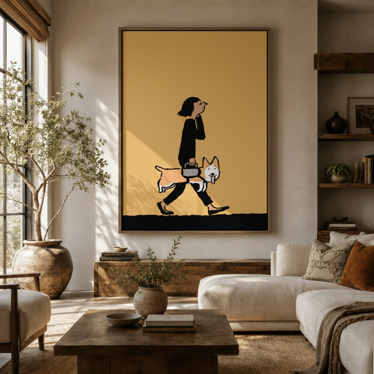 Minimalist corgi canvas print displayed in a warm neutral living room above a wood console