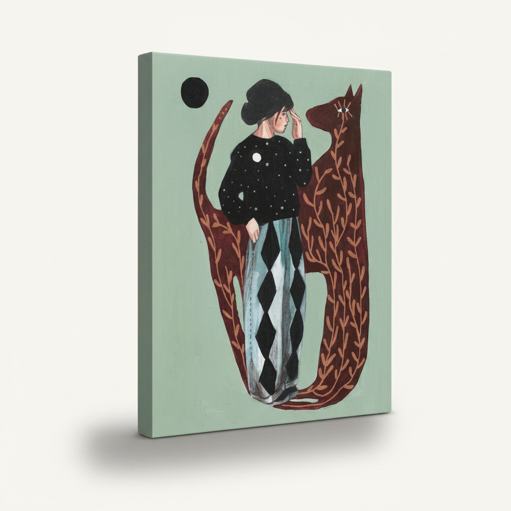 Unframed stretched canvas print of a girl and red fox illustration on sage green background, 3/4 angle view