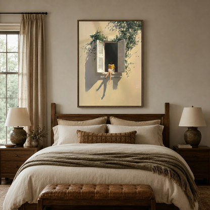 Girl reading on window sill canvas print displayed above wooden bed headboard in warm bedroom