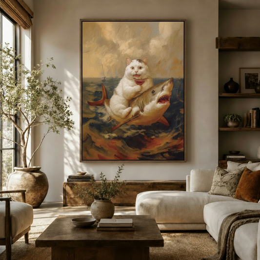 Whimsical vintage oil painting of a white cat riding a great shark through stormy ocean waves