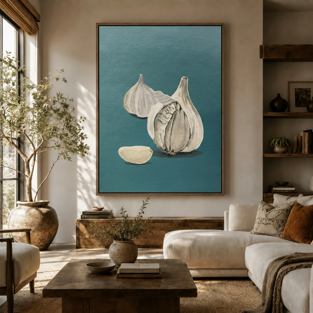 Whimsical garlic still life canvas with hidden cat detail in warm neutral living room