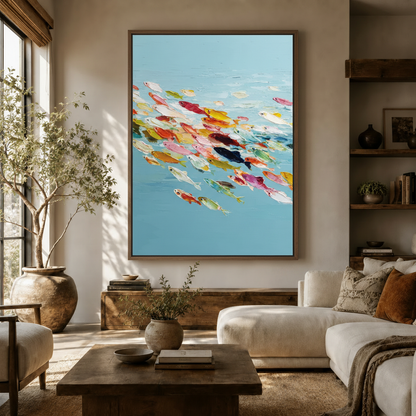 Colorful fish school impasto canvas wall art hanging in a warm neutral living room above a wooden sideboard