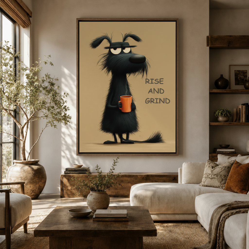 Funny dog canvas wall art hanging in a warm neutral living room with white sofa and olive tree