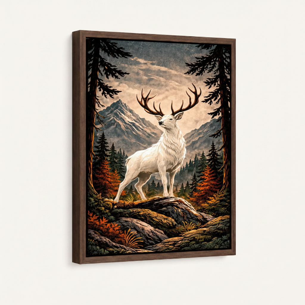 White stag forest framed canvas wall art – fantasy wildlife painting with white deer standing on rocks among pine trees at dusk by Aurewall