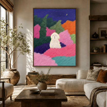 Dreamy white fluffy dog on colorful hills canvas displayed above a wooden sideboard in a warm living room