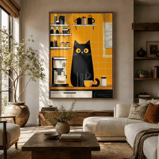 Black cat coffee kitchen Art Deco canvas print hanging in a warm Japandi living room above a sideboard