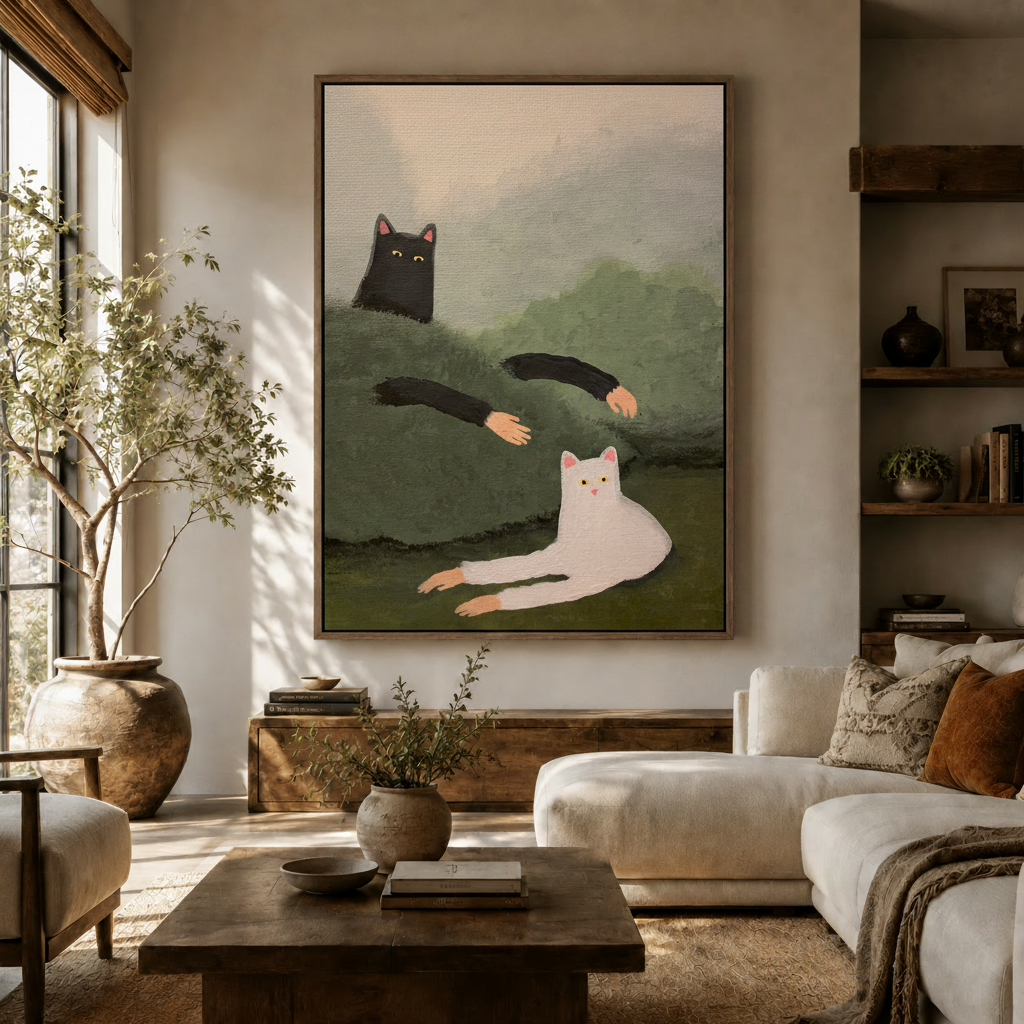 Folk art black and white cat wall art displayed in a living room above a white sofa with wooden coffee table and olive tree