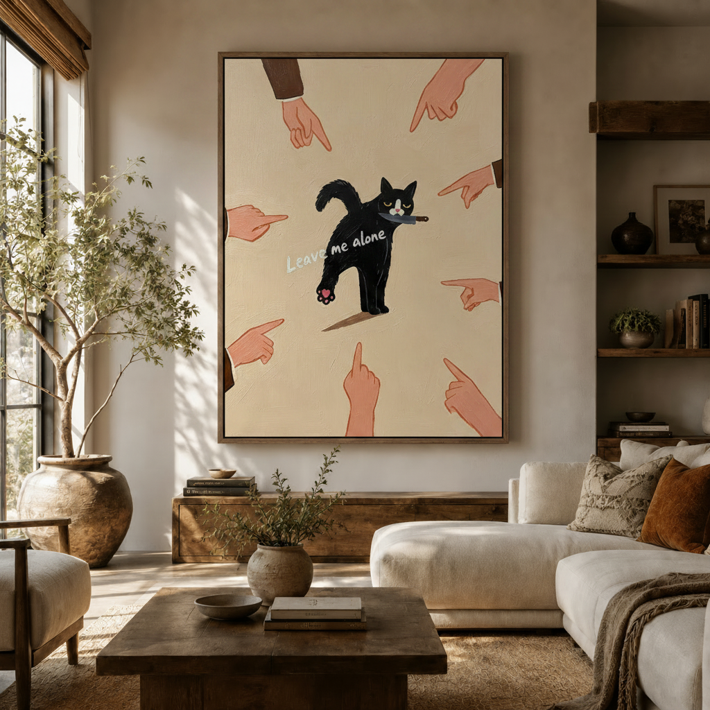 Funny cat oil painting canvas print of grumpy black cat surrounded by pointing fingers displayed in warm living room