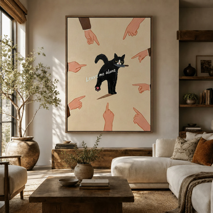 Funny cat oil painting canvas print of grumpy black cat surrounded by pointing fingers displayed in warm living room