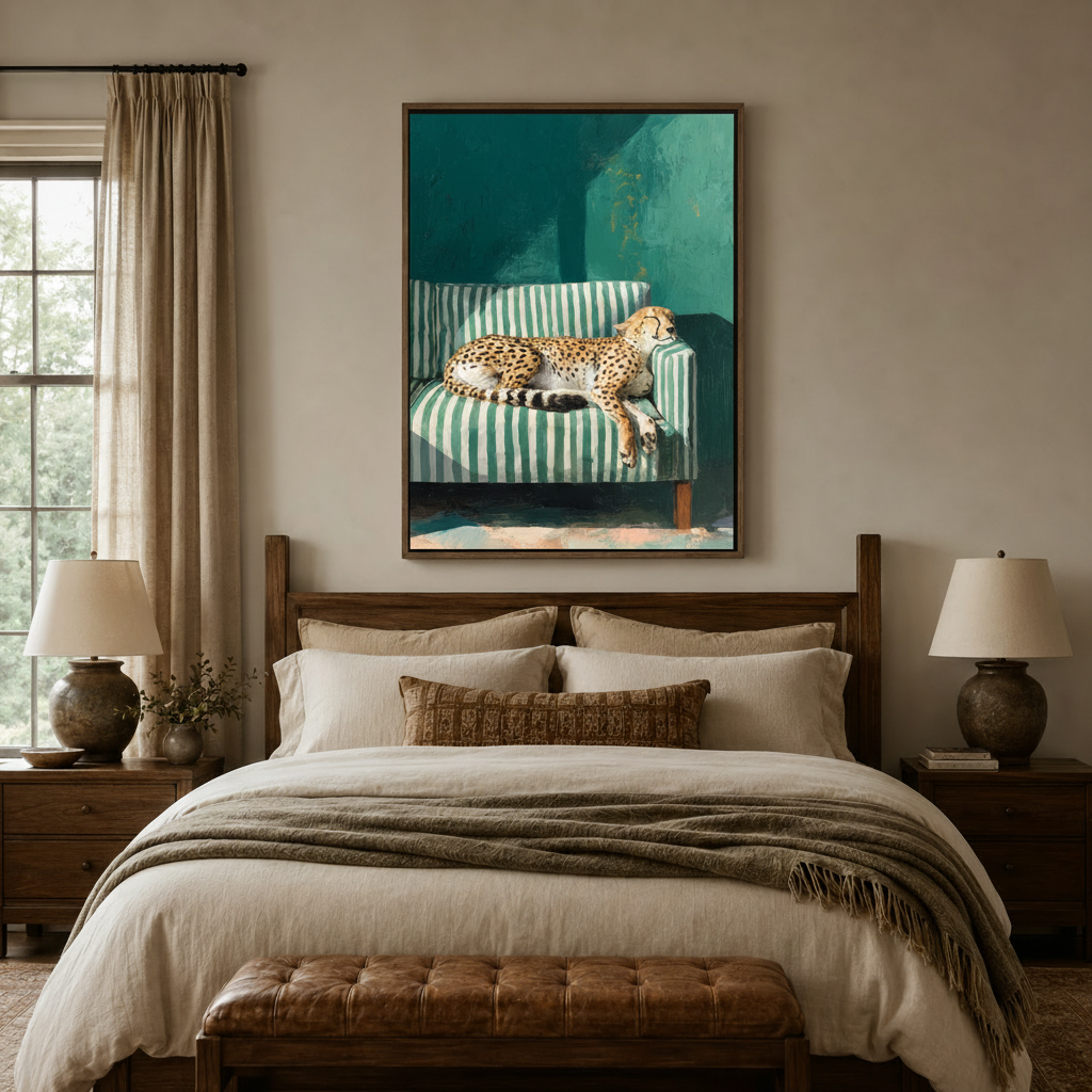 Cheetah on striped sofa oil painting canvas print displayed above wooden bed headboard in bedroom