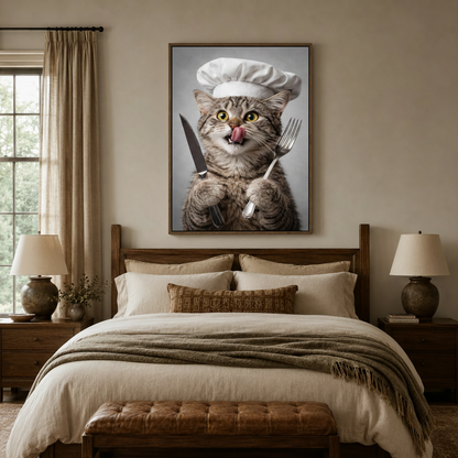 Photorealistic chef cat canvas print in walnut float frame above cozy bedroom headboard