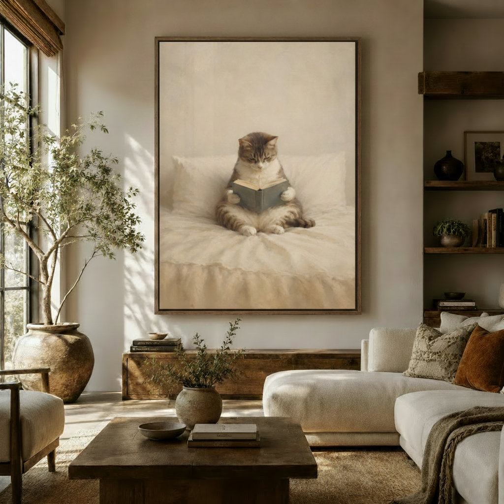Vintage cat reading book canvas wall art displayed in a warm neutral living room above a wooden sideboard
