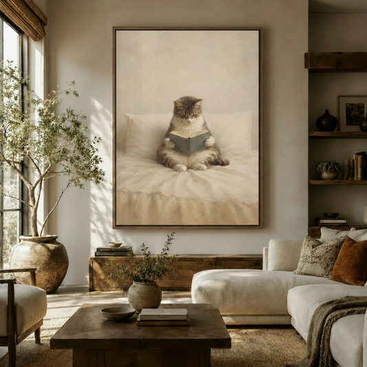 Vintage cat reading book canvas wall art displayed in a warm neutral living room above a wooden sideboard