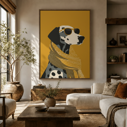 Bold Dalmatian sunglasses pop art canvas displayed in warm neutral living room above wooden sideboard