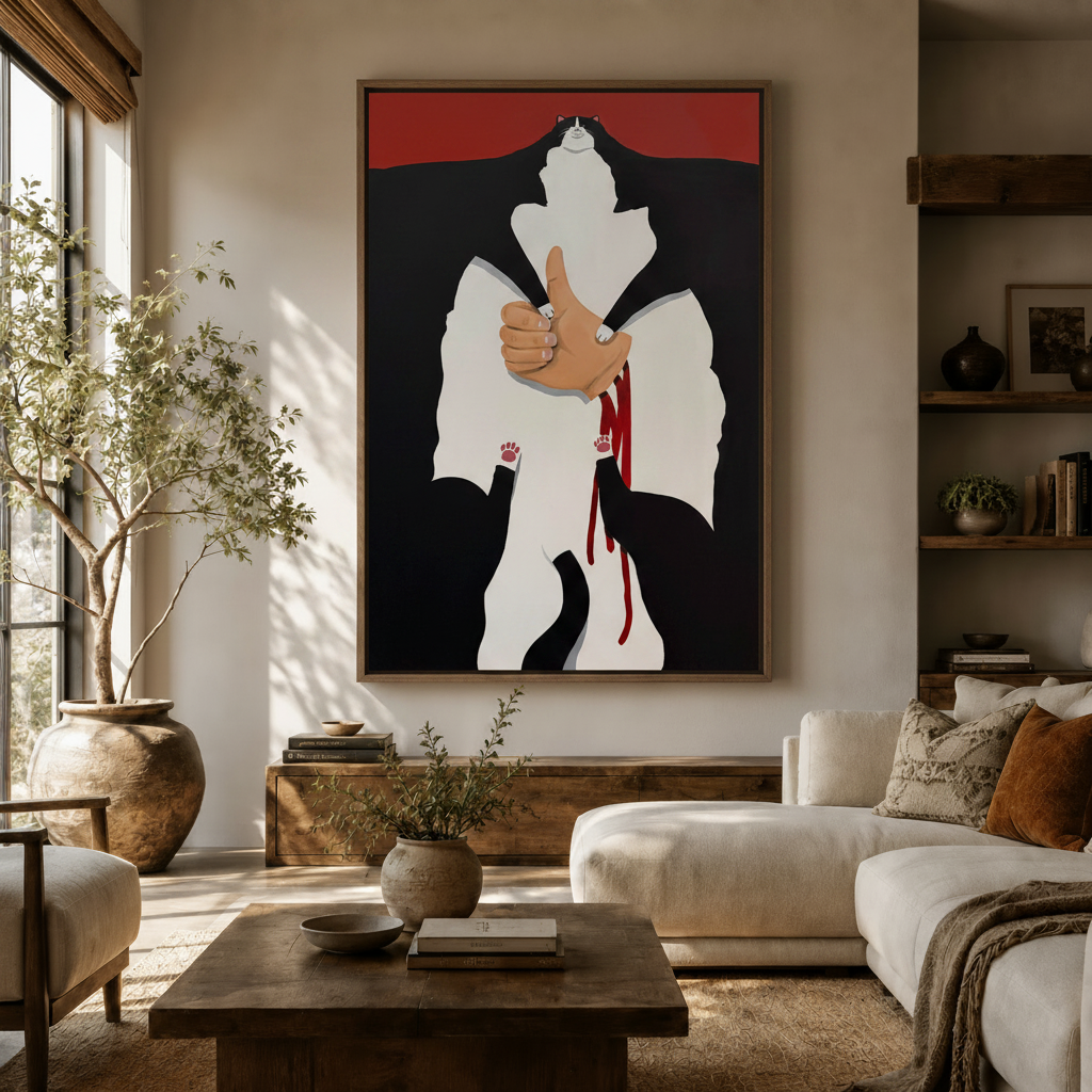 Bold minimalist tuxedo cat wall art in walnut float frame displayed in warm modern living room
