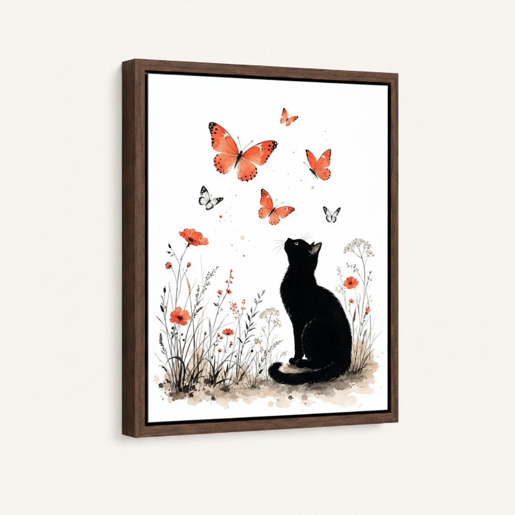 Black cat butterfly floral framed canvas wall art – botanical illustration with black cat sitting among wildflowers and coral butterflies by Aurewall