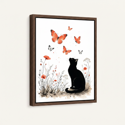 Black cat butterfly floral framed canvas wall art – botanical illustration with black cat sitting among wildflowers and coral butterflies by Aurewall