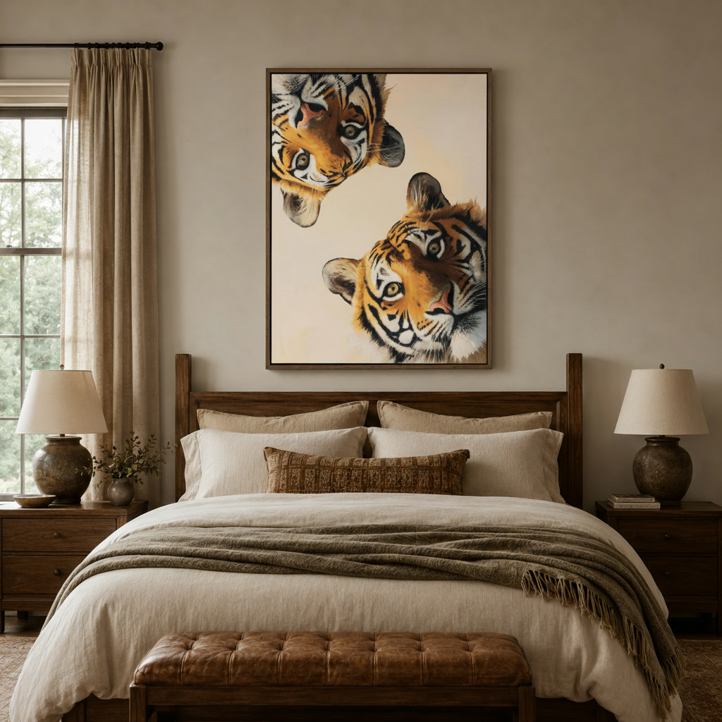 Two tigers portrait oil painting canvas print displayed above wooden bed headboard in warm bedroom