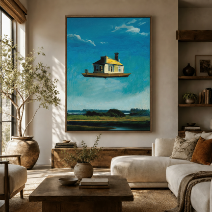 Surrealist oil painting canvas of floating house above green landscape displayed in warm living room