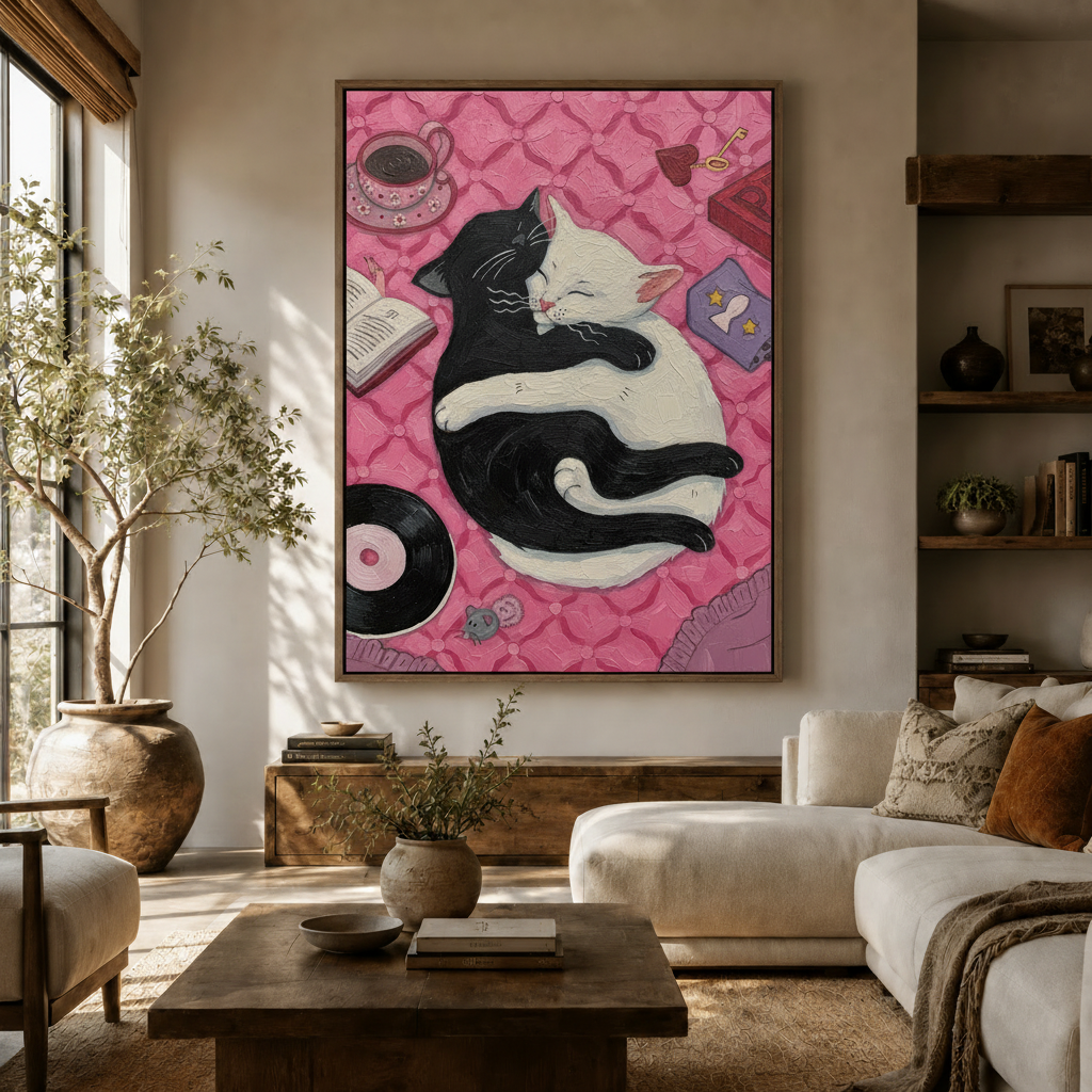  Black and white cats cuddling canvas wall art hanging in a warm neutral living room above a wooden sideboard
