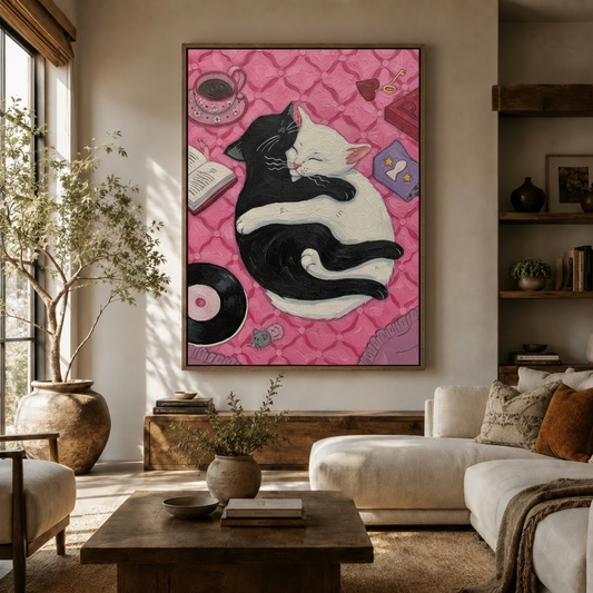  Black and white cats cuddling canvas wall art hanging in a warm neutral living room above a wooden sideboard