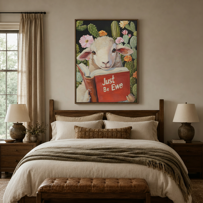 Whimsical lamb reading canvas wall art displayed above a walnut bed headboard in a cozy neutral bedroom