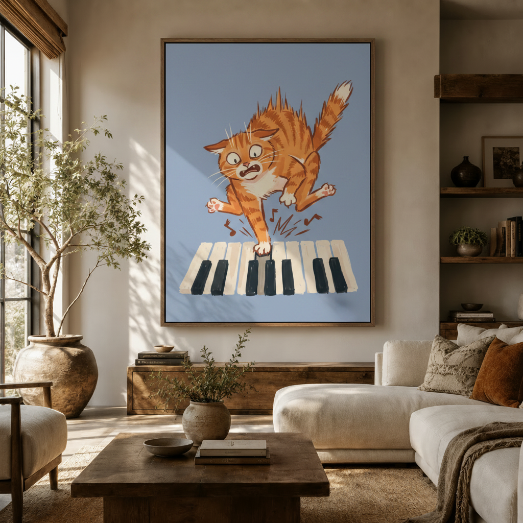 Funny piano cat canvas wall art displayed in a warm neutral living room above a wooden sideboard