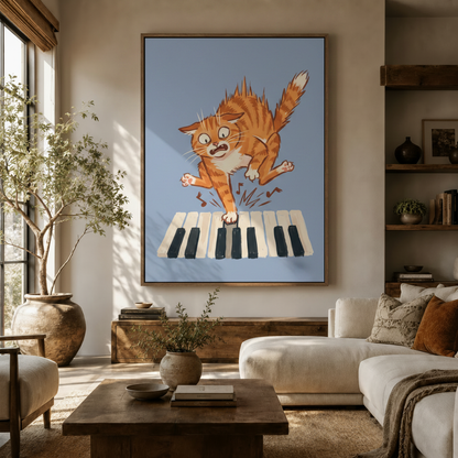 Funny piano cat canvas wall art displayed in a warm neutral living room above a wooden sideboard