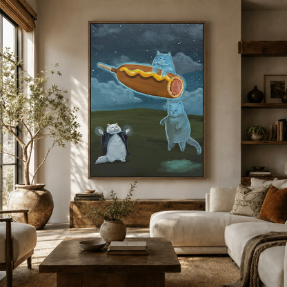Ghost cat riding a corn dog through a starry night sky, whimsical canvas wall art in living room