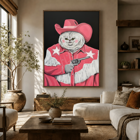 Pink cowboy cat western portrait canvas wall art displayed above a wooden sideboard in a warm living room