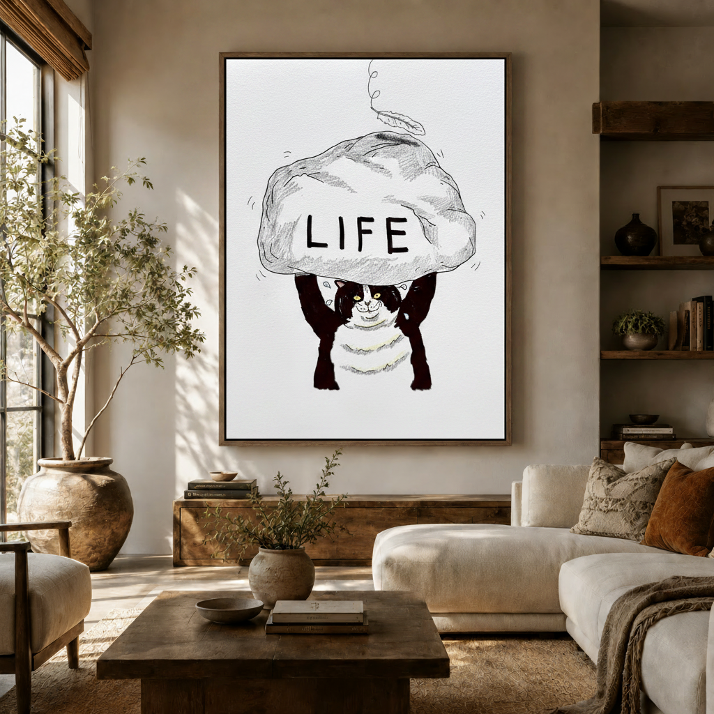 Funny cat holding LIFE boulder sketch wall art displayed in a warm neutral living room