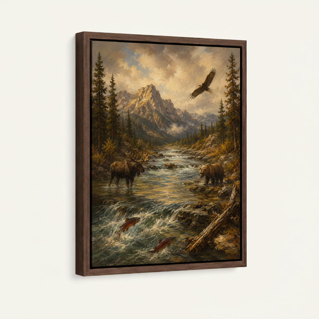 American wilderness framed canvas wall art – classic oil painting with bear in mountain river soaring eagle and snow-capped peaks by Aurewall