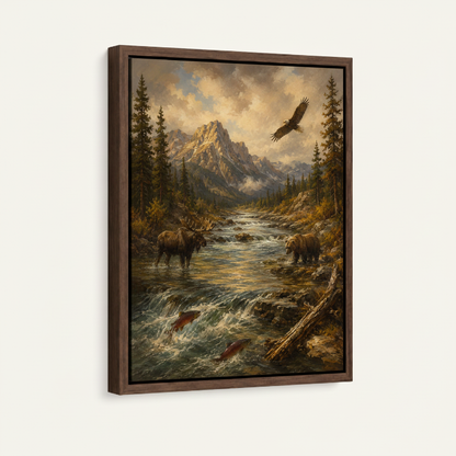 American wilderness framed canvas wall art – classic oil painting with bear in mountain river soaring eagle and snow-capped peaks by Aurewall