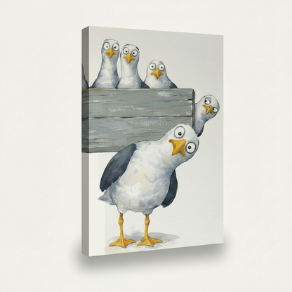 Unframed stretched canvas print of a funny seagull illustration, 3/4 angle view on white background