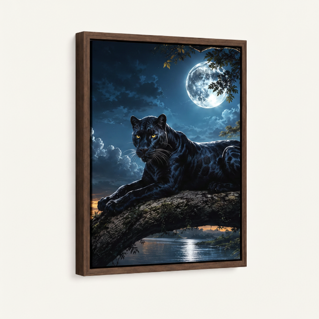 Black panther moon framed canvas wall art – classic oil painting with black panther on branch above moonlit lake at night by Aurewall