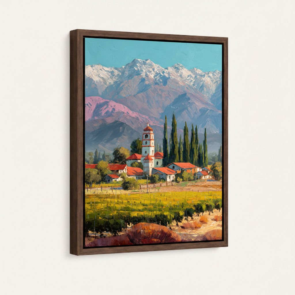 Alpine village Tuscany framed canvas wall art – impressionist oil painting with church cypress trees green valley and snow mountains by Aurewall