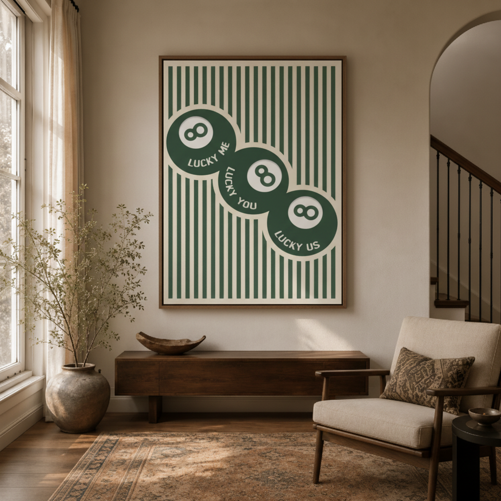 Bold 8 ball pop art canvas wall art in entryway – green stripe lucky billiard print as statement hallway decor by Aurewall