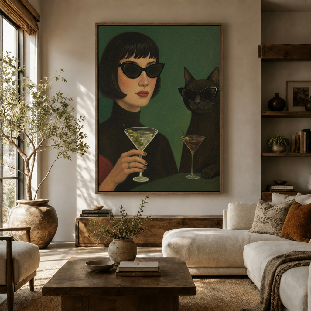 Vintage lady and cat martini canvas art displayed in a cozy living room above a cream sofa