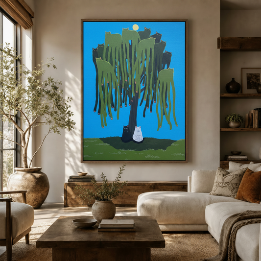 Whimsical cat tree canvas wall art in walnut float frame displayed in warm living room