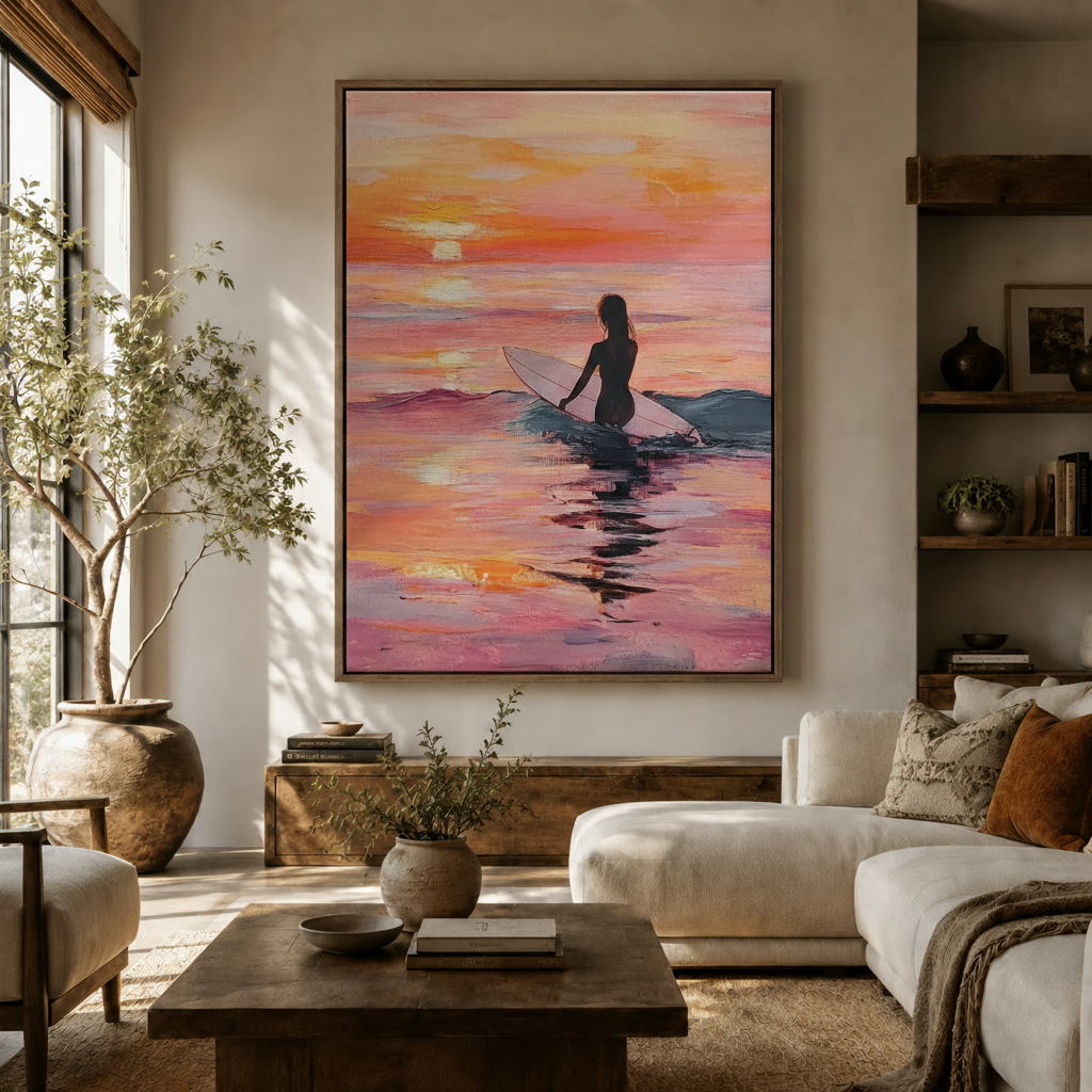 Surfer girl sunset oil painting canvas displayed in a warm neutral living room above a wood console
