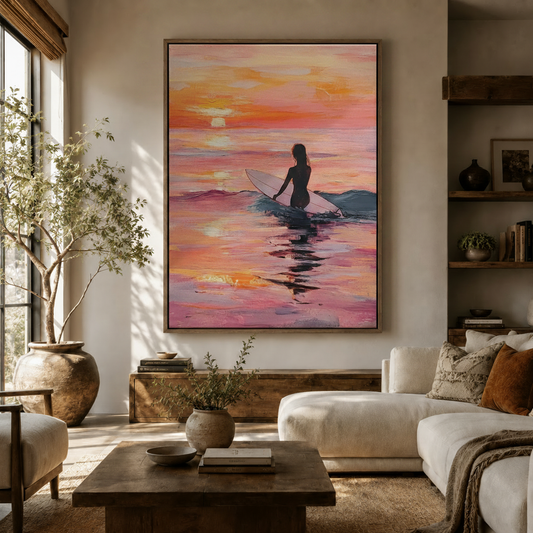Surfer girl sunset oil painting canvas displayed in a warm neutral living room above a wood console