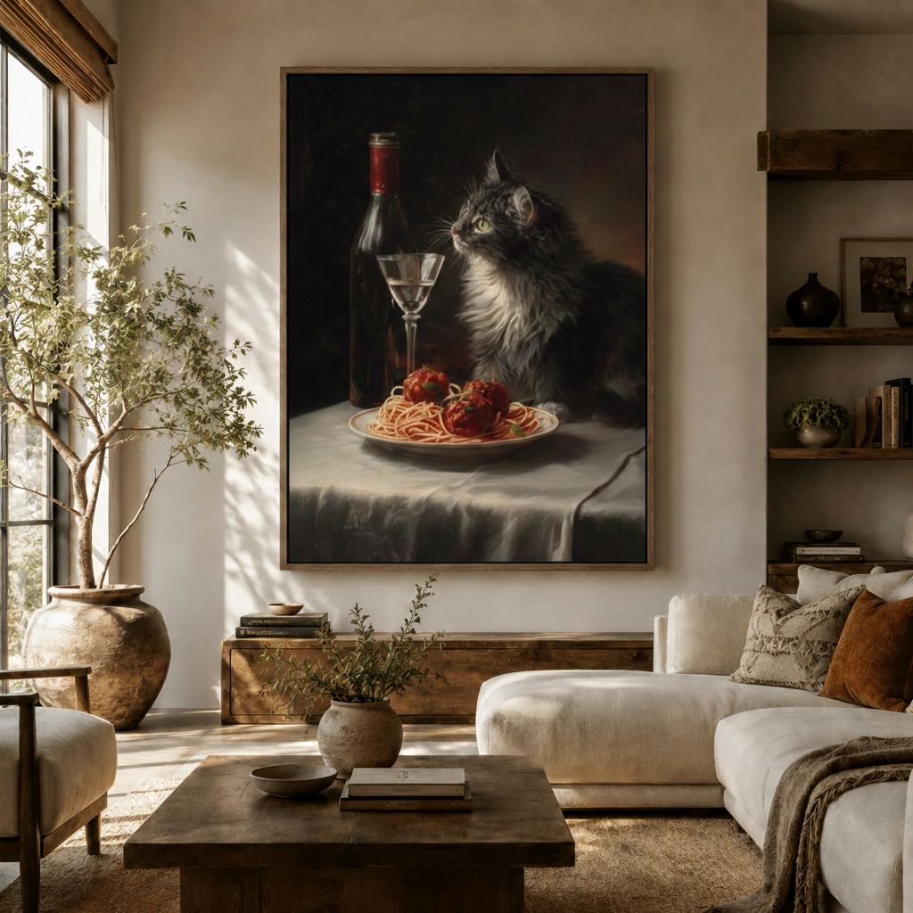 Dark academia cat spaghetti dinner canvas art displayed in a cozy living room above a wooden sideboard