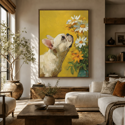 French Bulldog daisy impasto oil painting canvas print displayed above sofa in warm living room
