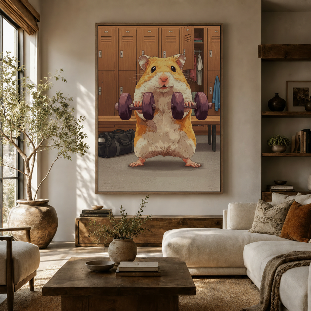 Funny gym hamster lifting weights canvas print displayed above sofa in warm living room