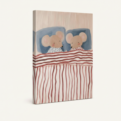 Gallery wrap canvas print of two sleeping mice under striped blanket, folk art illustration, 3/4 angle view