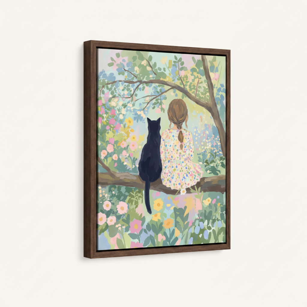 Girl and black cat framed canvas wall art – whimsical illustration of white dress girl sitting under blooming flower tree by Aurewall