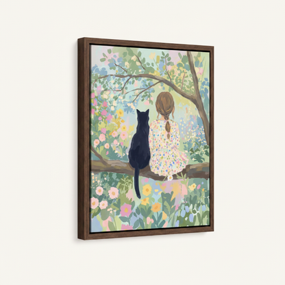 Girl and black cat framed canvas wall art – whimsical illustration of white dress girl sitting under blooming flower tree by Aurewall